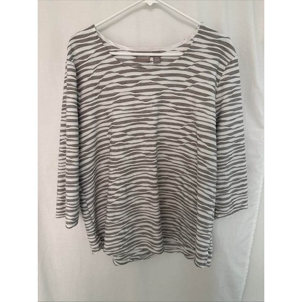 Chicos Top Womens Size 3 Striped Wave Textured 3/4 Sleeve Round Neck Gray/Taupe